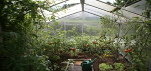 Blick in das lichtdurchflutete Innere eines leeren Gewächshauses im Garten, bereit für die neue Anbausaison.